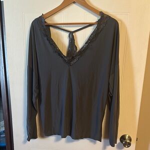 Gray Lace Trim Long Sleeve Top